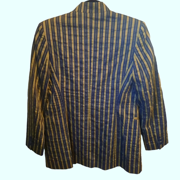Vtg VOTRE NOM Linen Blend Striped Mandarin Collar Blazer Sz S Navy/Olive - Picture 7 of 10